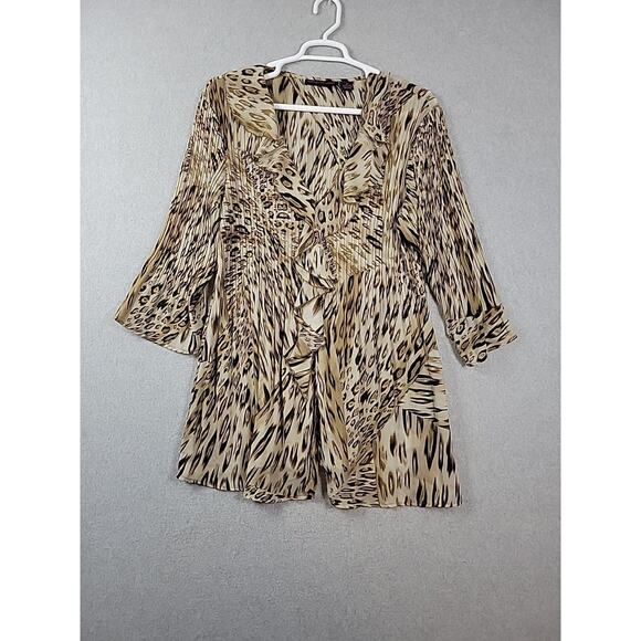 Hayley Matthews Tan Leopard Print LS Ruffled Pleated Mini Dress Tunic Plus 2X - Picture 1 of 13